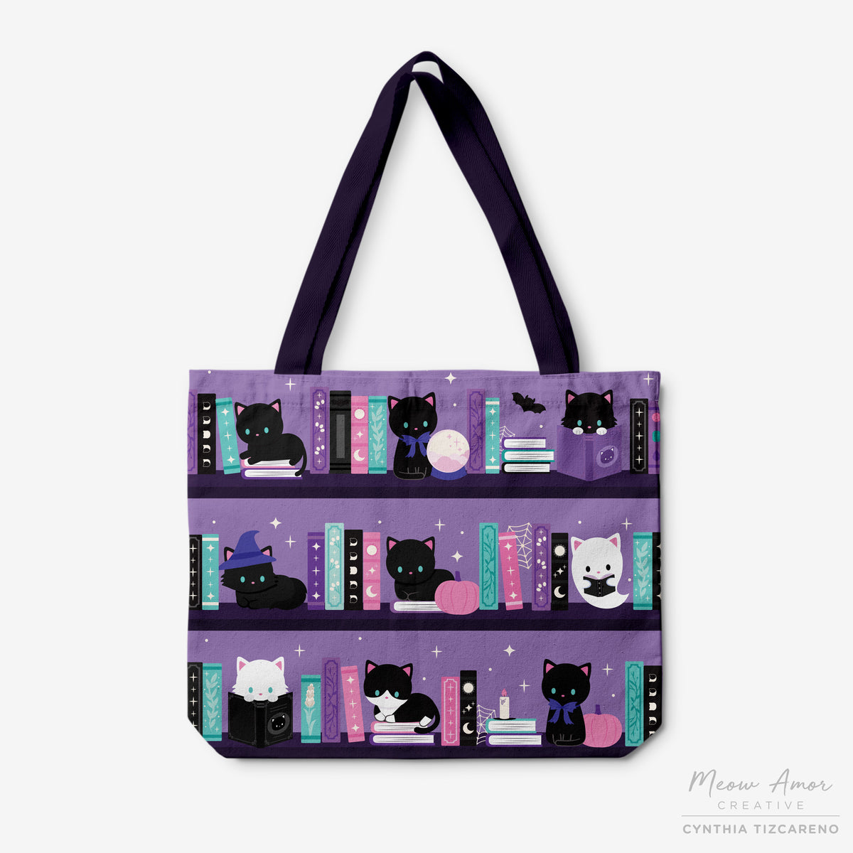 Witchy Book Cats Canvas Zipper Tote Bag – Meow Amor Creative