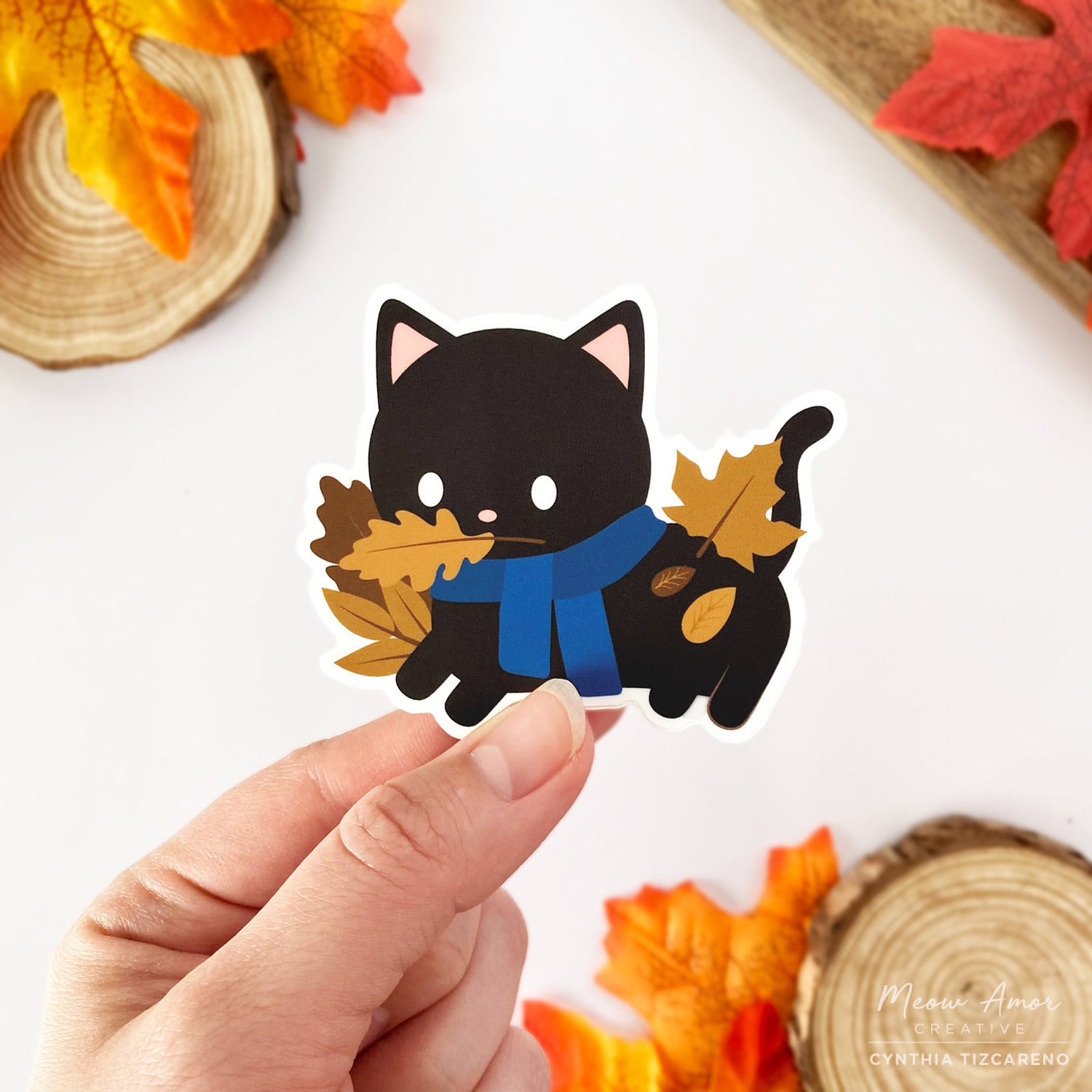 Fall Cat Stickers Autumn Black Cat Vinyl Sticker – Meow Amor Creative