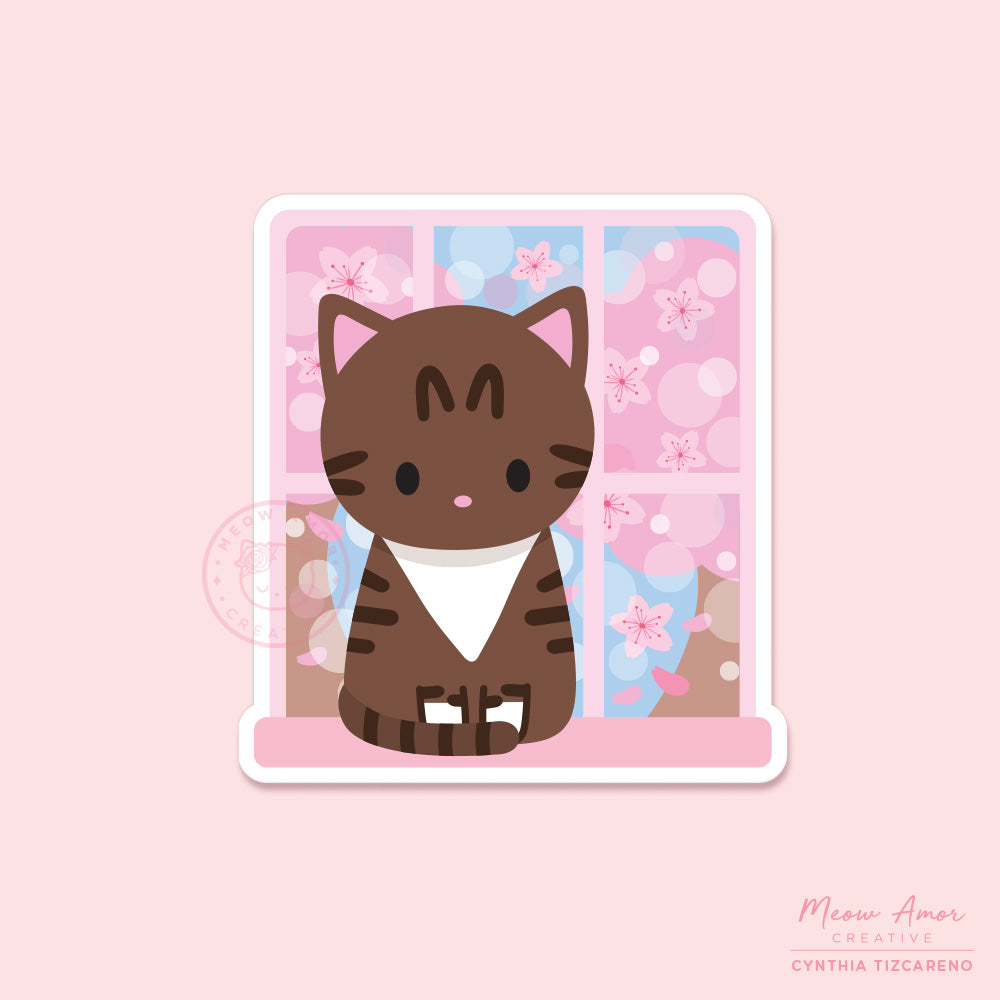 Cherry Blossom Window Brown Tabby Vinyl Sticker – Meow Amor Creative