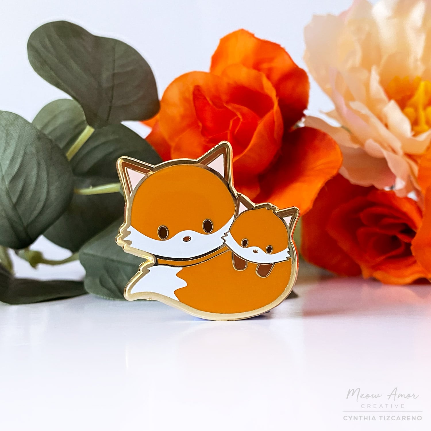 Cute Spring Fox Pin Fox and Baby Fox Enamel Pin – Meow Amor Creative
