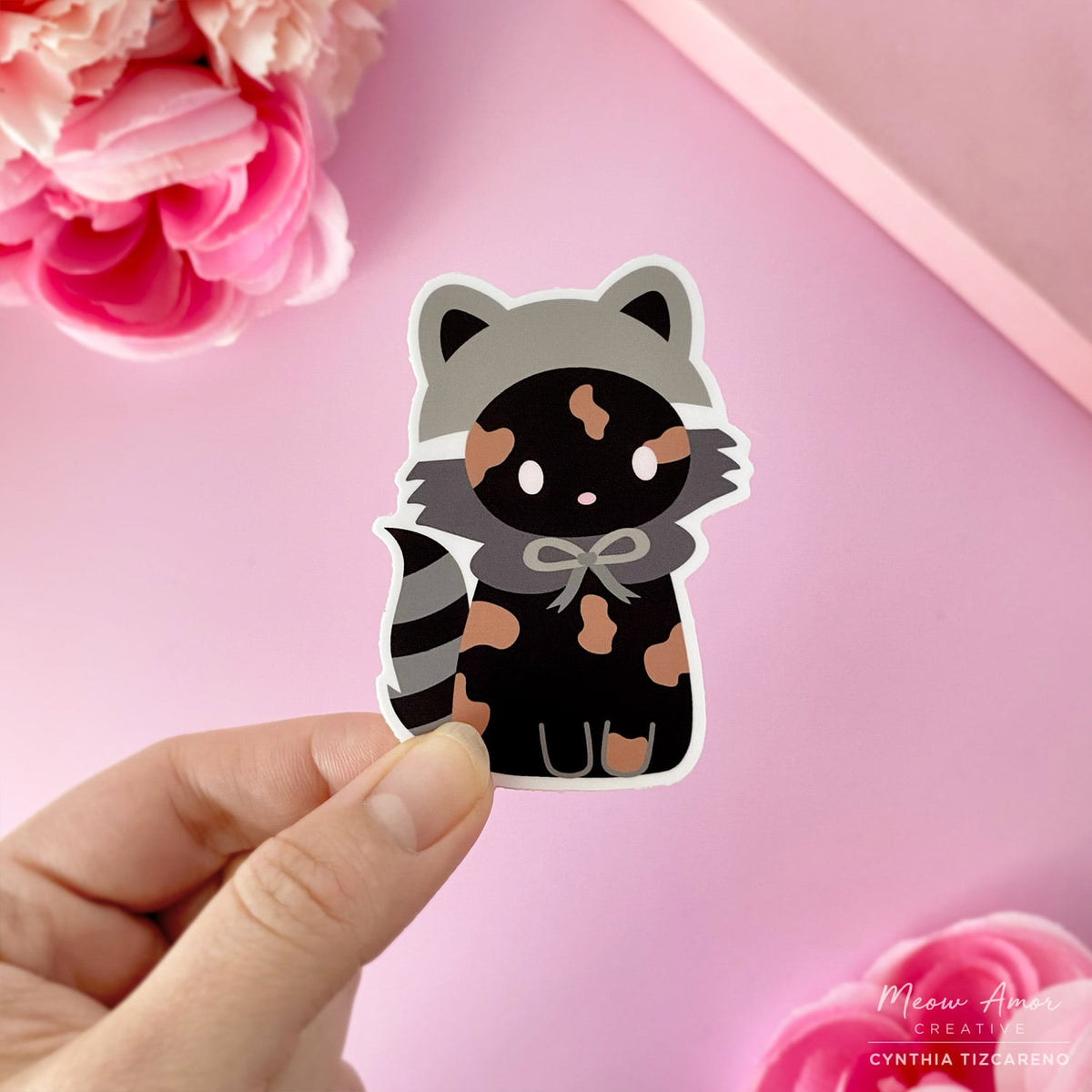 Tortie Cat Racoon Vinyl Sticker – Meow Amor Creative