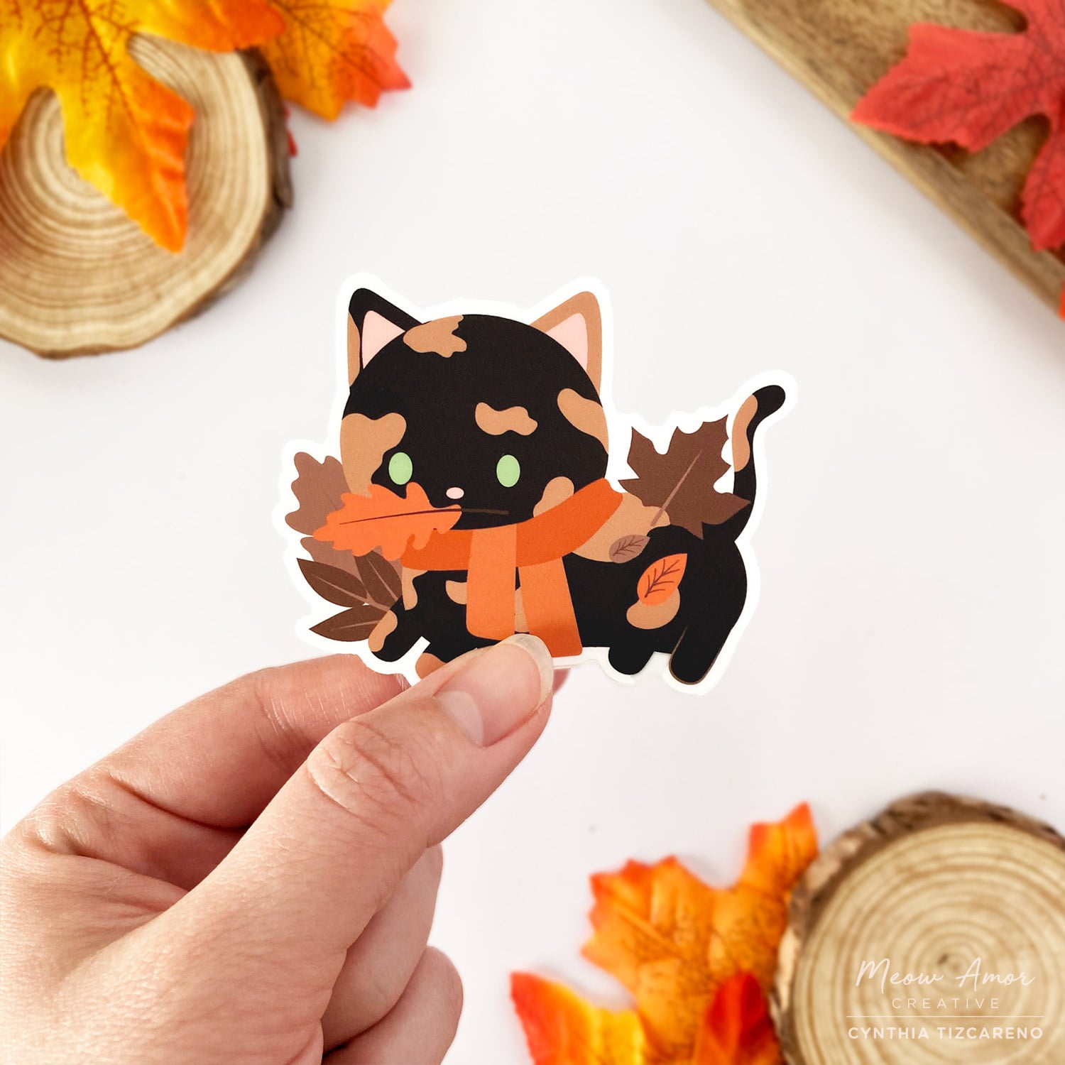 Fall Cat Stickers Autumn Tortie Cat Vinyl Sticker – Meow Amor Creative